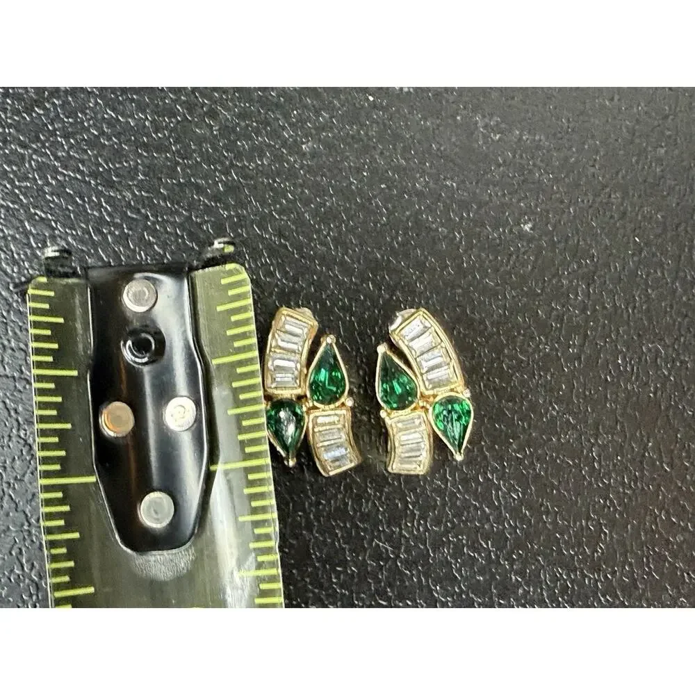 VTG Park Lane CZ & Simulated Emerald Pierced Earrings Gold Tone Glamour Signed